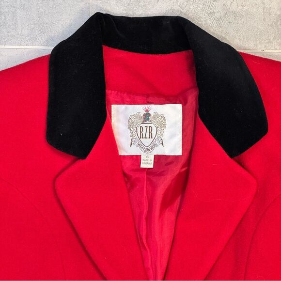VTG RZR Red Wool Jacket Riding Equestrian Longline Black Velvet Trim MadeRomania - Picture 2 of 13
